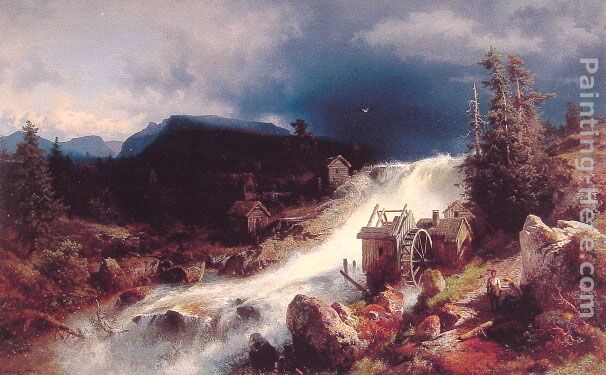 Mountain Landscape with Watermill painting - Herman Herzog Mountain Landscape with Watermill art painting